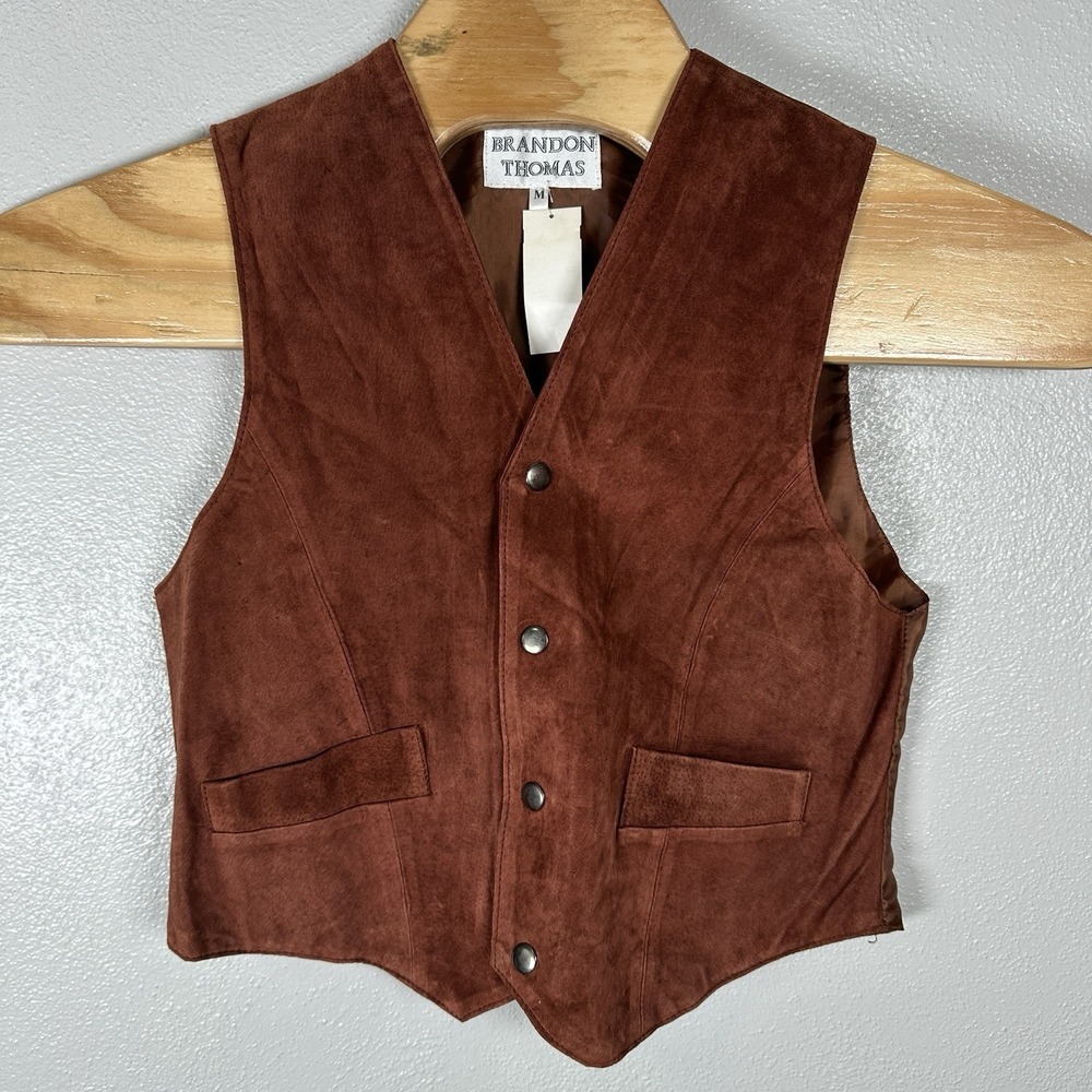 NEW Brandon Thomas Vintage Leather Vest Womens Medium Brown Suede Satin Back